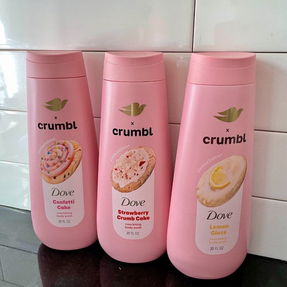 New! Bundle of 3 Dove x Crumbl set body wash confetti lemon strawberry cake